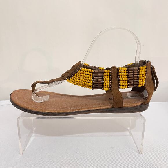 Minnetonka Ankle Sandals Womens 9 Brown Leather Yellow Beads Gladiator BOHO - Picture 4 of 9